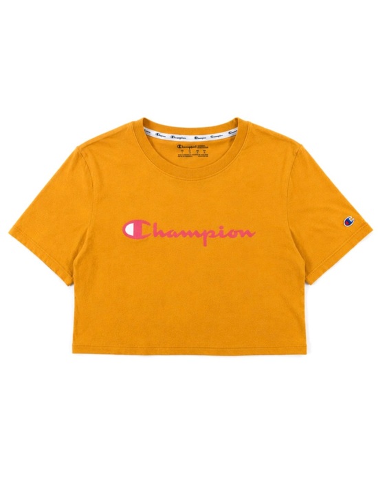 Champion Tops - Champion Women’s Crop Top Size Large Mustard Yellow Pink Logo Tee